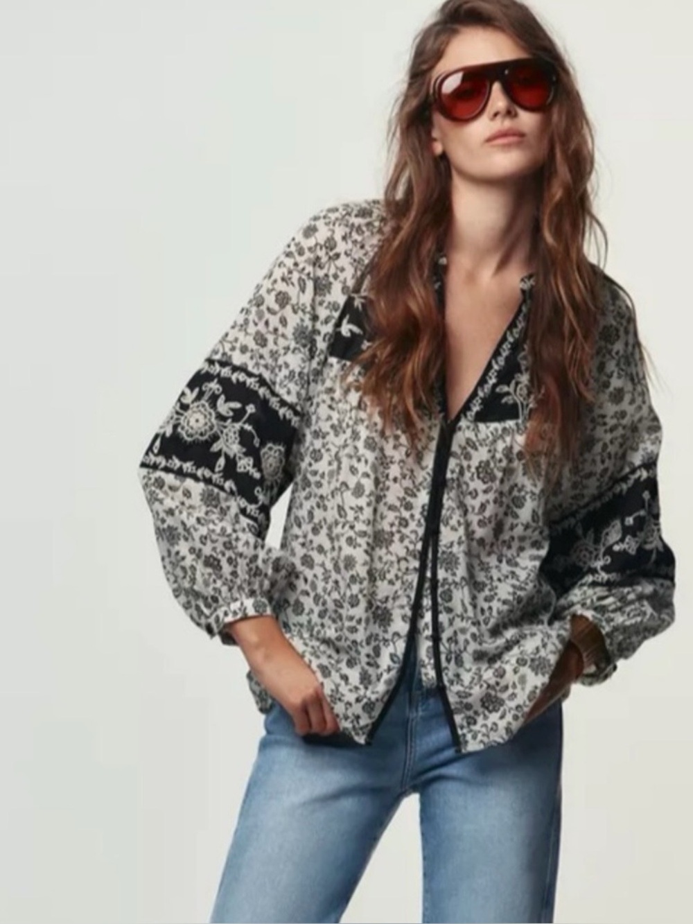 Zara Black / ivory boho beaded / embroidered floral blouse sz M